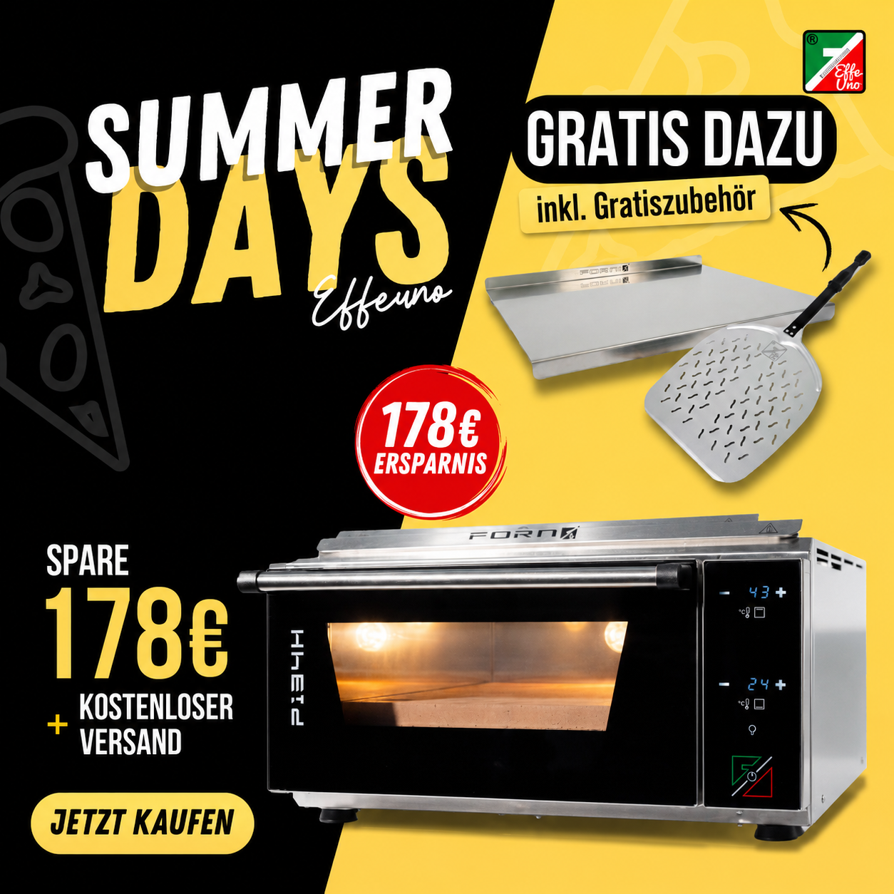 Werbebild zur EffeUno-Sommeraktion für den EffeUno P134 Pizzaofen mit Gratiszubehör und 178 Euro Ersparnis.